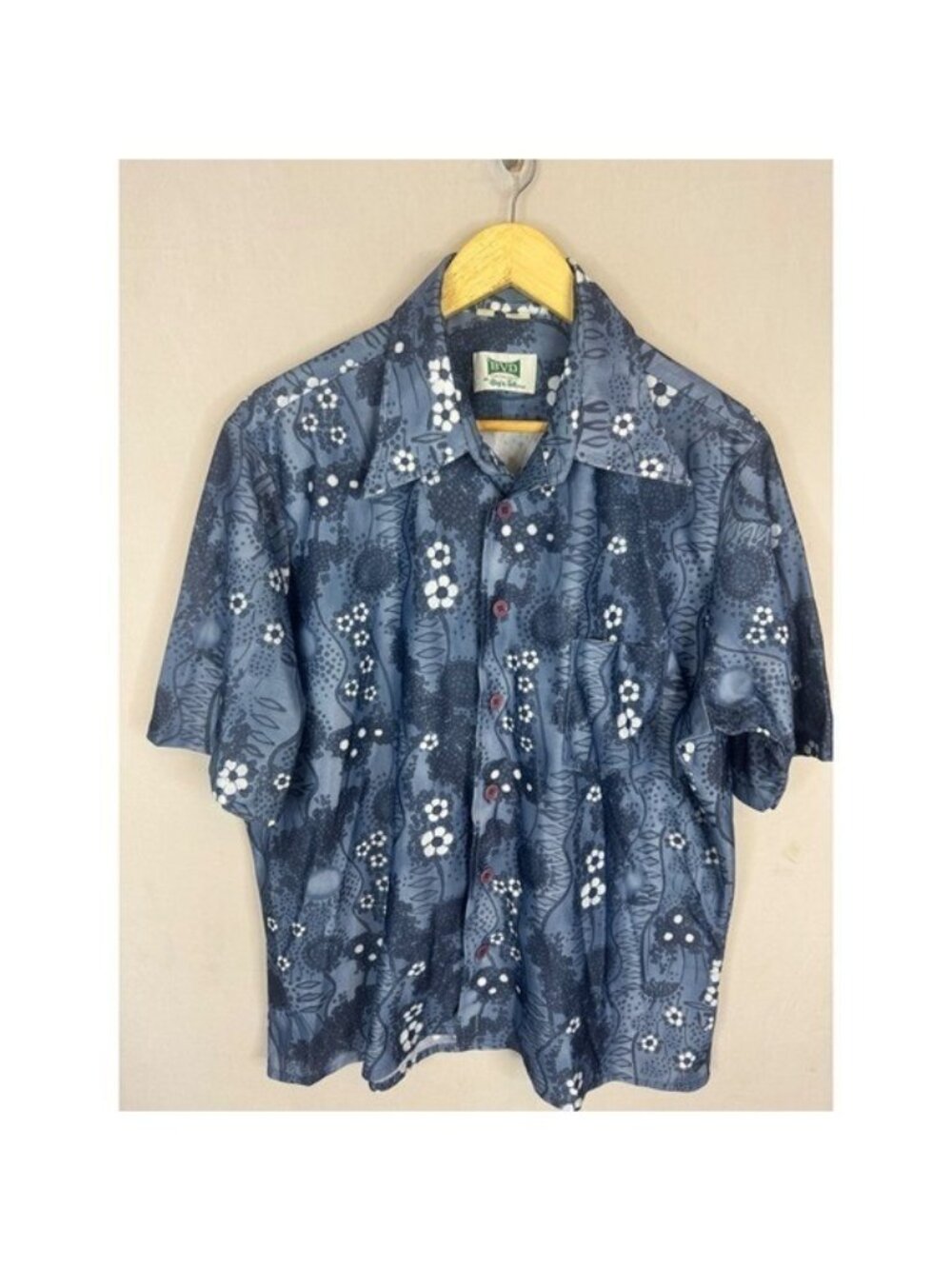 Vintage BVD 70s Mens XL Tall Blue Floral Disco Short Sleeve Button Shirt